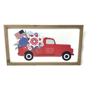 NWT Wooden, Framed 4th of July  Floral Red Truck Wall Art in 3D